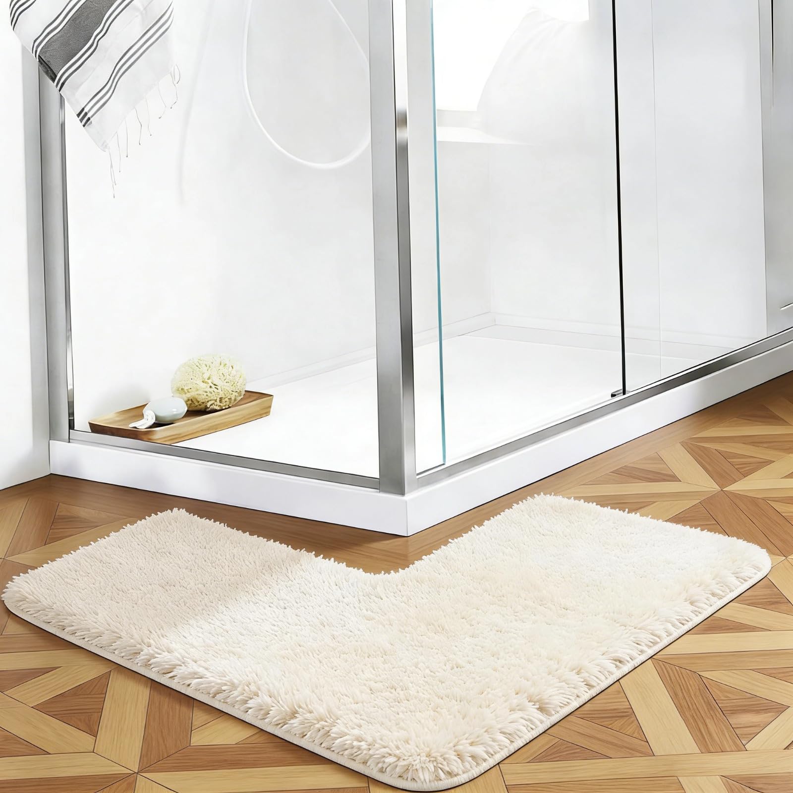 RONGJUKD Corner Bath Mat, L-Shaped Bath Mat and Shower Mat, Non-Slip Absorbent Carpet for Corner Showers and Tubs, Machine Washable Grey Bathroom Rug, Home Spa Toilet Floor Mat (Stone)