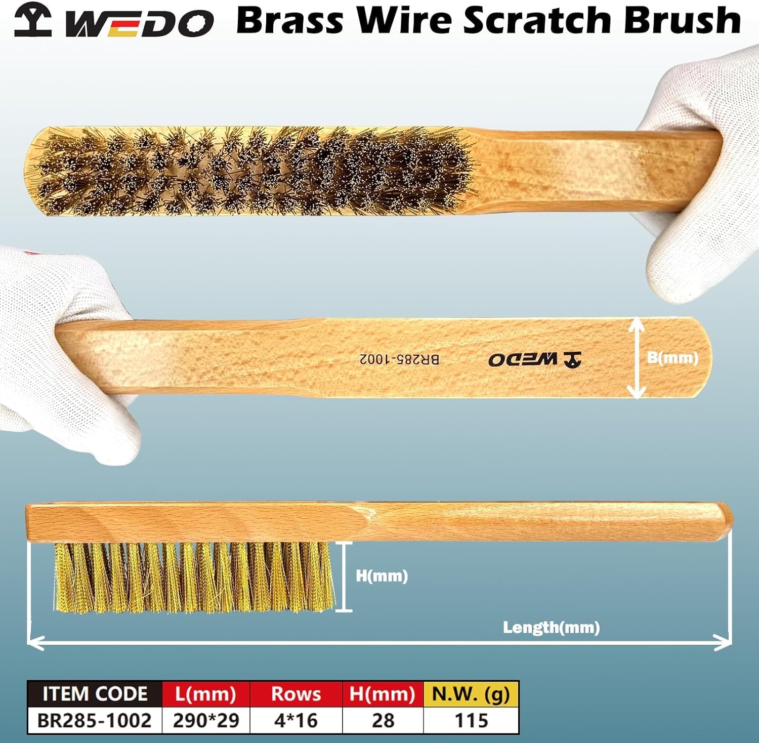 WEDO Szczotka mosiężna, szczotka druciana z miękkiego mosiądzu, rozmiar 290 x 29 mm, 4 rzędy, 16 kolumn, mosiężna szczotka metalowa, druciana szczotka do zarysowania z uchwytem z drewna bukowego, do