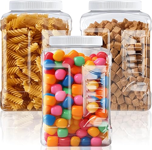 3 tarros de plástico transparente de 1 galón con tapa, boca ancha, recipientes cuadrados de almacenamiento de alimentos, recipientes de plástico PET