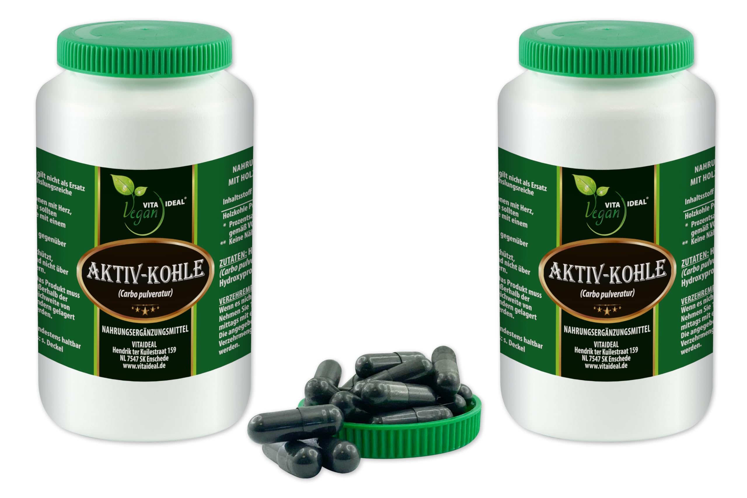 VITA IDEAL Vegan® AKTIV - KOHLE 2x 360 KAPSELN - Carbon, Carbo Ligni pulveratur - pflanzliche AKTIVKOHLE - Tagesportion 640mg Pflanzenkohle reines Pulver. Natürlich, pflanzlich & ohne Zusatzstoffe.