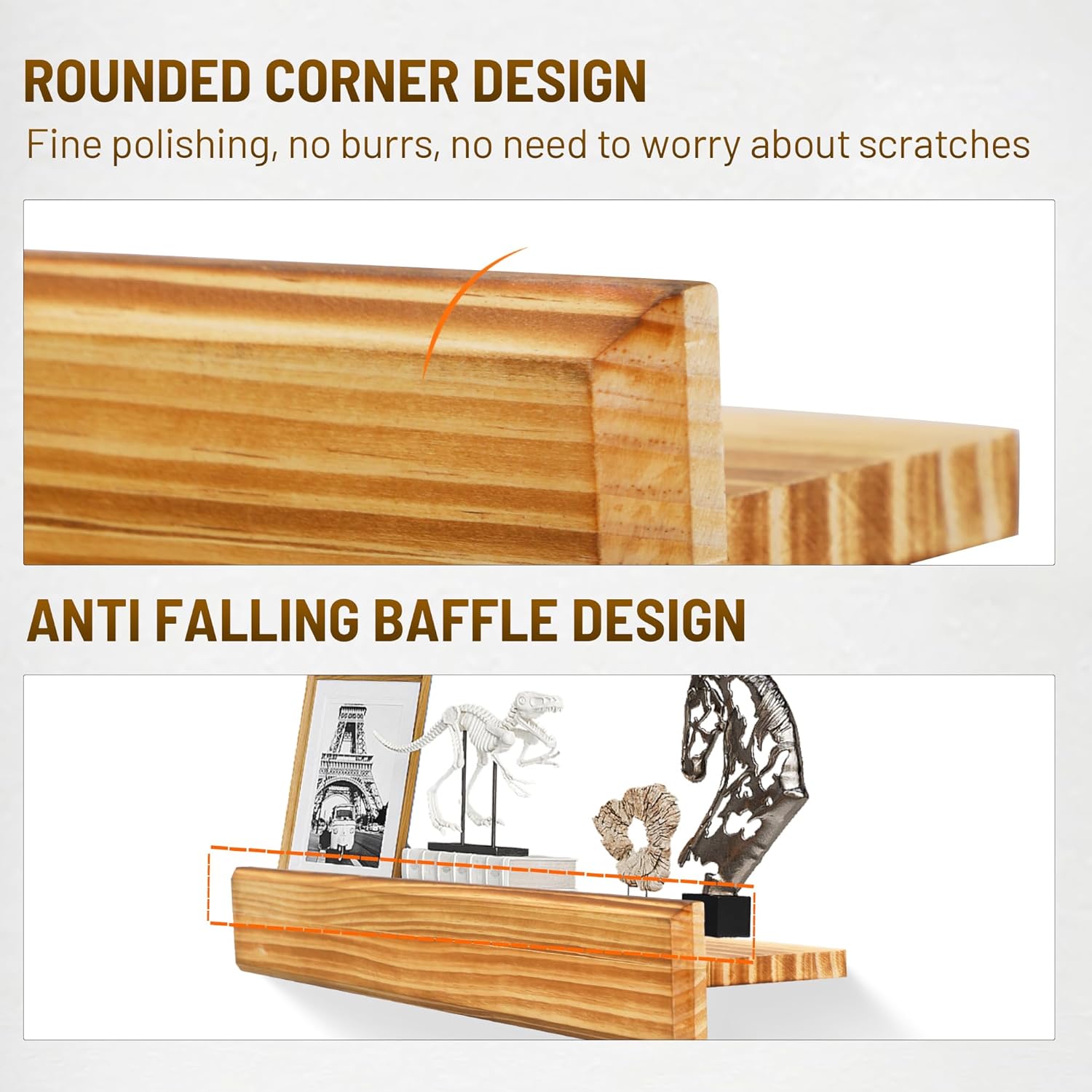 24 Inch Picture Ledge Shelf with Lip,Floating Shelves for Wall, Set of 2 Solid Pine Wood Shelves with Invisible Brackets, Wall Storage for Living Room, Bedroom, Kitchen, Bathroom(Carbonized Brown)