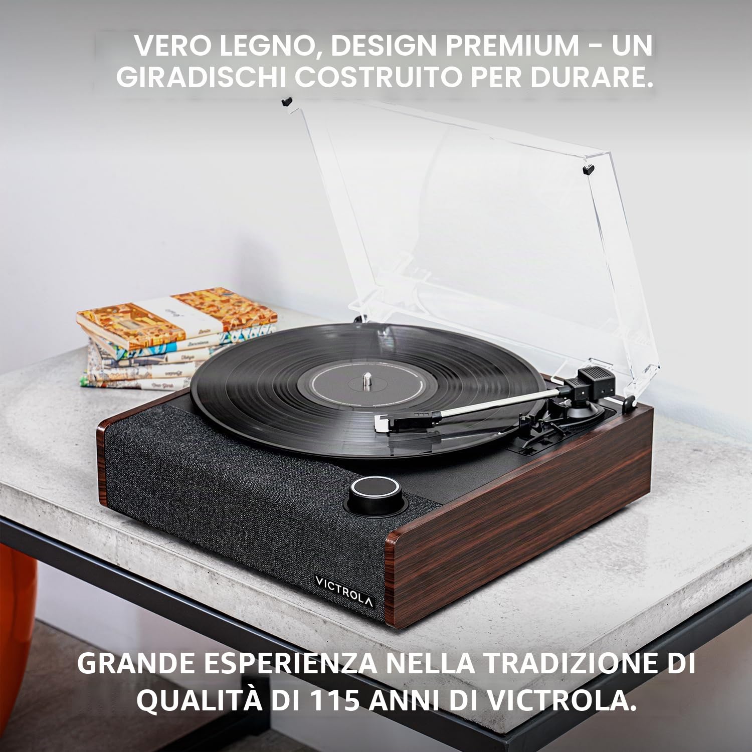 Victrola Eastwood II, giradischi con finitura nera, con altoparlanti, Bluetooth 5.1 e tecnologia Vinyl Stream, lettore in vinile a 3 velocità in stile vintage, cartuccia Audio Technica AT-3600LA