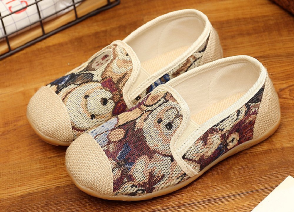 Tianrui Crown Boy's and Girl's Linen Sneaker Loafer Shoes Kid's Cute Flat Shoe Beige