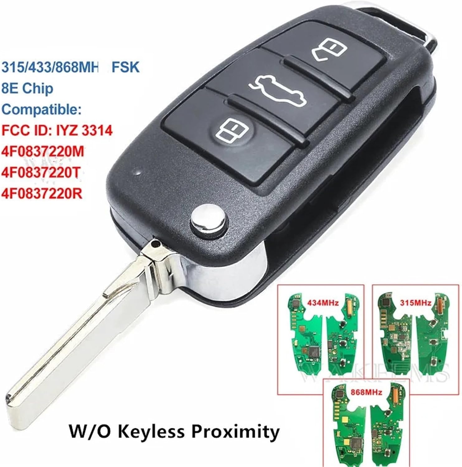 3Btn Remote Key Fob Control W/O Keyless Proximity A6 S6 Q7 2004-2015 IYZ 3314 4F0837220R 4F0837220M 4F0837220T(4F0837220R 868MHz)