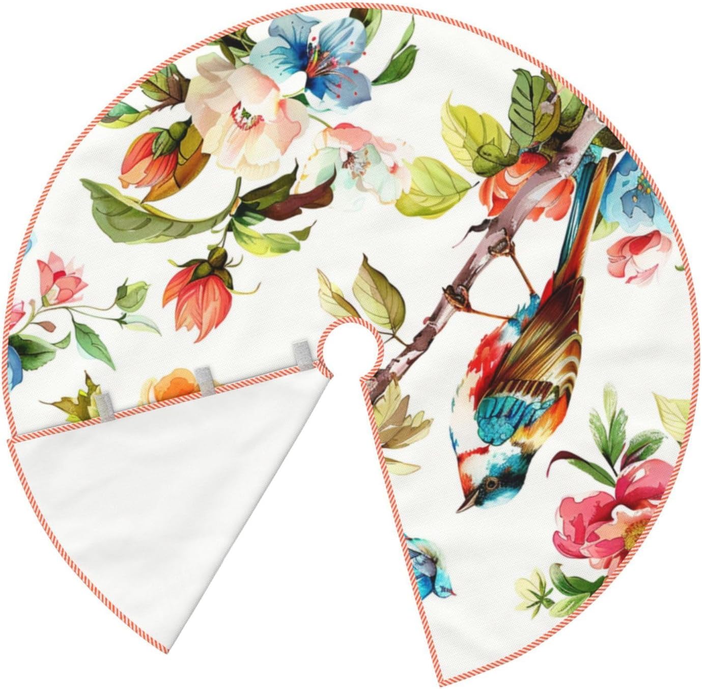 Beautiful Spring Floral and Bird Christmas Tree Skirt Xmas Tree Skirts Large Tree Mat Ornaments for Halloween Thanksgiving New Year Party Holiday Home Decorations36