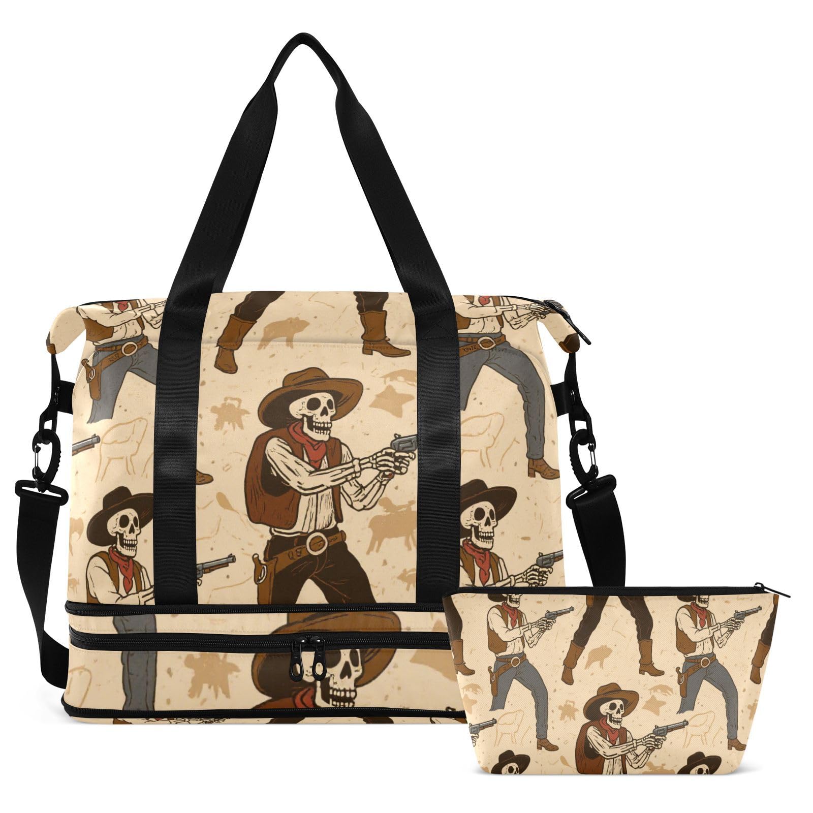 Borsa da viaggio beige retrò con teschio cowboy occidentale con tasca bagnata tracolla regolabile palestra sport borsone per yoga impermeabile per uomini donne