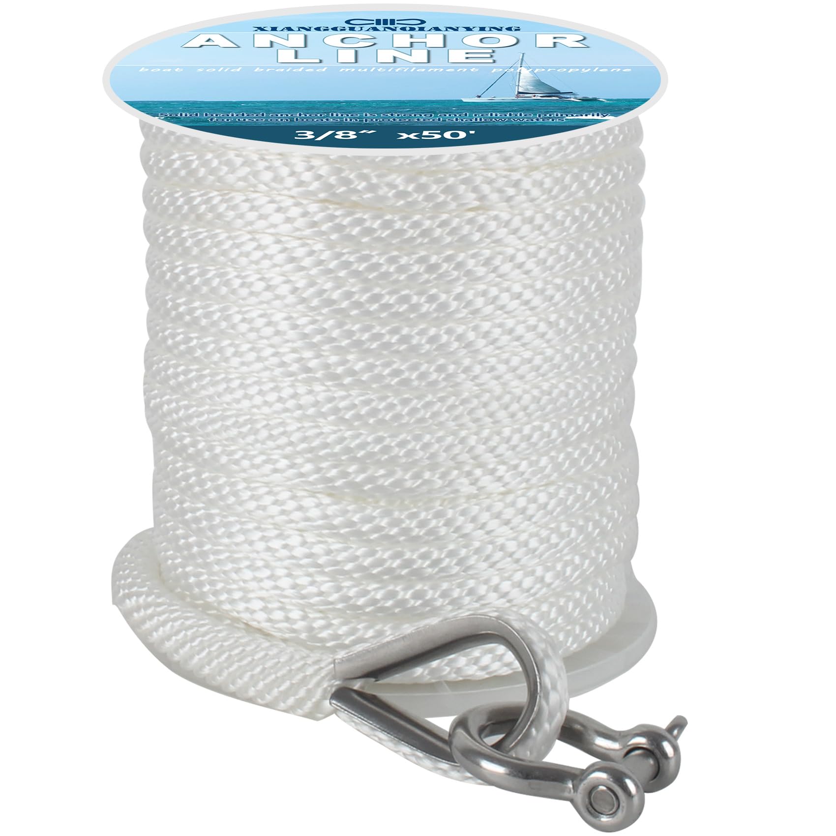 Anchor Rope 50 Ft x 3/8 Inch Premium Solid Braid MFP Anchor Line Braided Anchor Rope with 316 Stainless Steel Thimble and Heavy Duty Shackle Marine Anchor Rope White