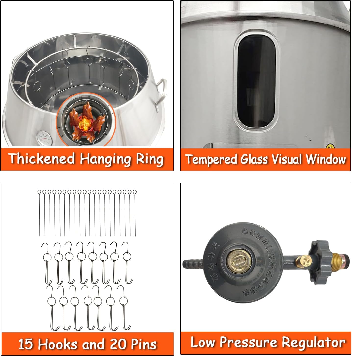 INTBUYING Roast Duck Oven 2800PA LPG Duck Roaster 31.5x31.5x53in Stainless Steel Gas Roast Grill Oven for Grill Chicken Turkey Barbecue with Pressure Reducing Valve, 20 Pins,15 Hooks, Adjustable Fire