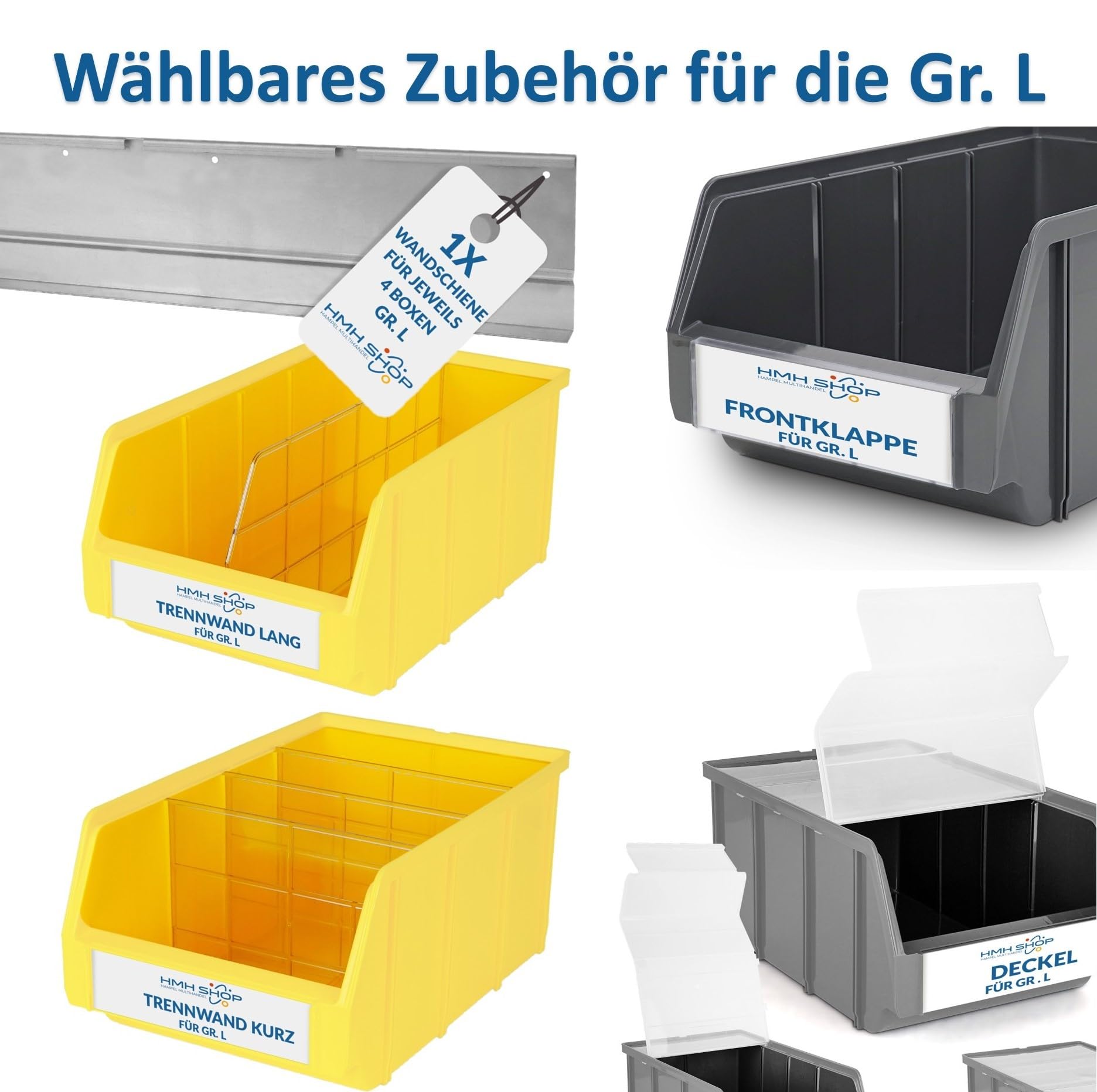 HMH Stapelboxen der Größe L 335x209x152mm für dein Kleinteilelager, Sortierkisten in 5 Farben, Zubehör wie Deckel Trennsteg Beschriftungsfach Wandschiene (Grün, 8 Stück)
