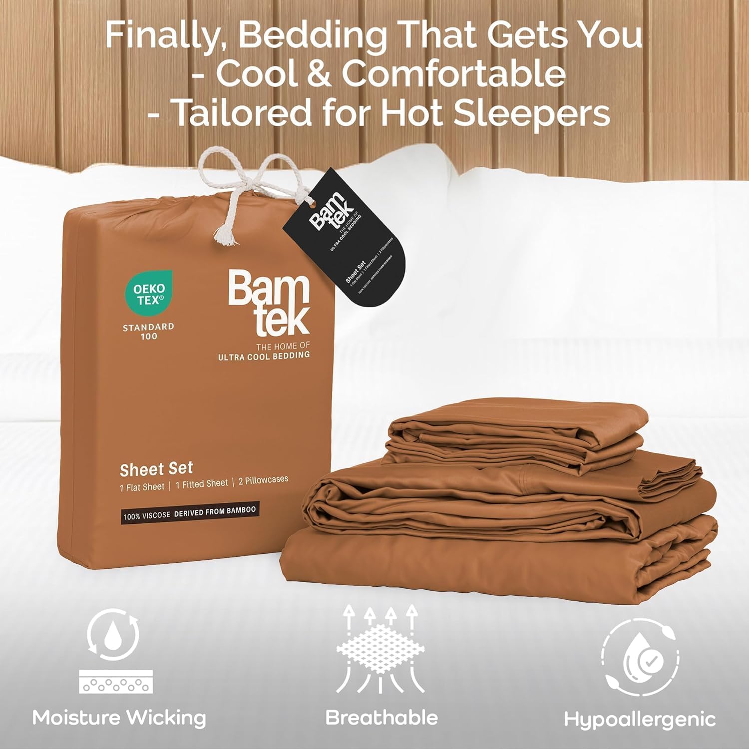 100% Viscose from Bamboo Sheets Twin XL Size, Super Soft Bedding Set, 3PC Cooling Sheets for Hot Sleepers, Vegan Silk Moisture Wicking, Organically Grown Bedsheet, Almond -38" x 80" - Image 3