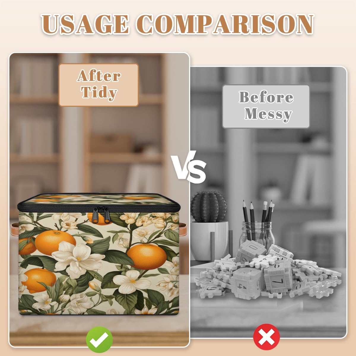 Storage Bin Set of 2 Orange Flower Storage Basket with Zipper Lid & Handle Foldable Closet Shelf 2 Pack Cloth Organizer Basket Cube Bins Clothes Organizer for Bedroom, Nursery