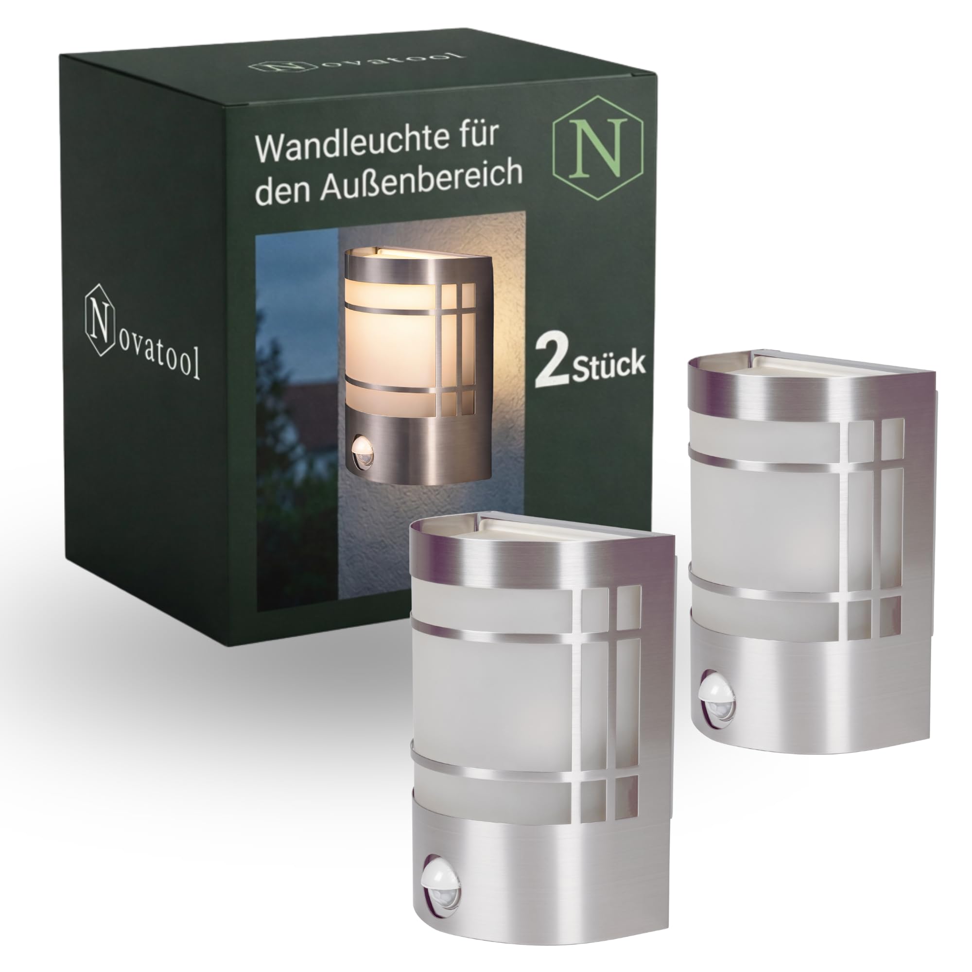 Novatool 2x Wandleuchte Aussen Edelstahl mit Bewegungsmelder I IP44 I E27 Sockel I 11,5x13,5x19 cm I Außenlampe Balkon Außenleuchte Außenbeleuchtung Haus Wandleuchte Aussenbeleuchtung Gartenleuchte