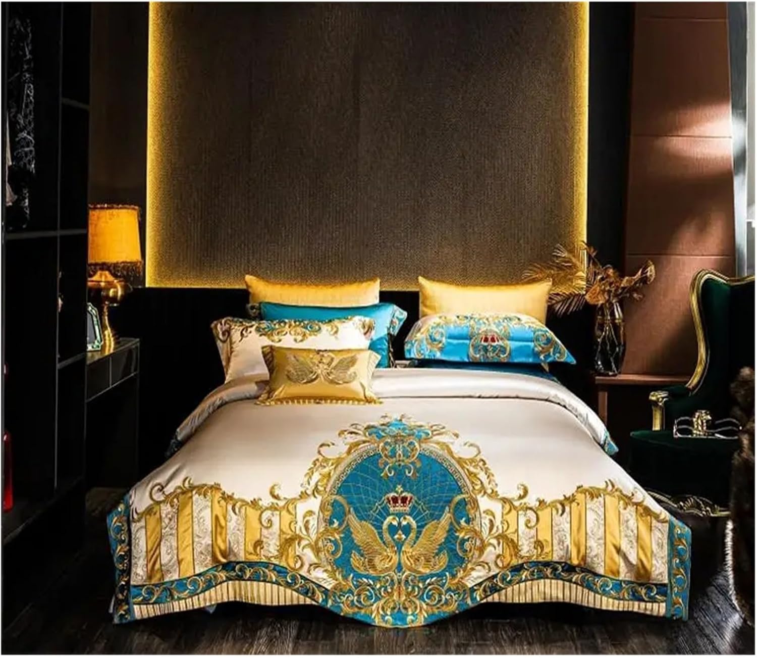 Gold and Blue Embroidery Satin Comforter Cover 4pcs Bedding Set Quilted Cotton Bedspread Flat/Fittedsheet Square pillocases,Bed