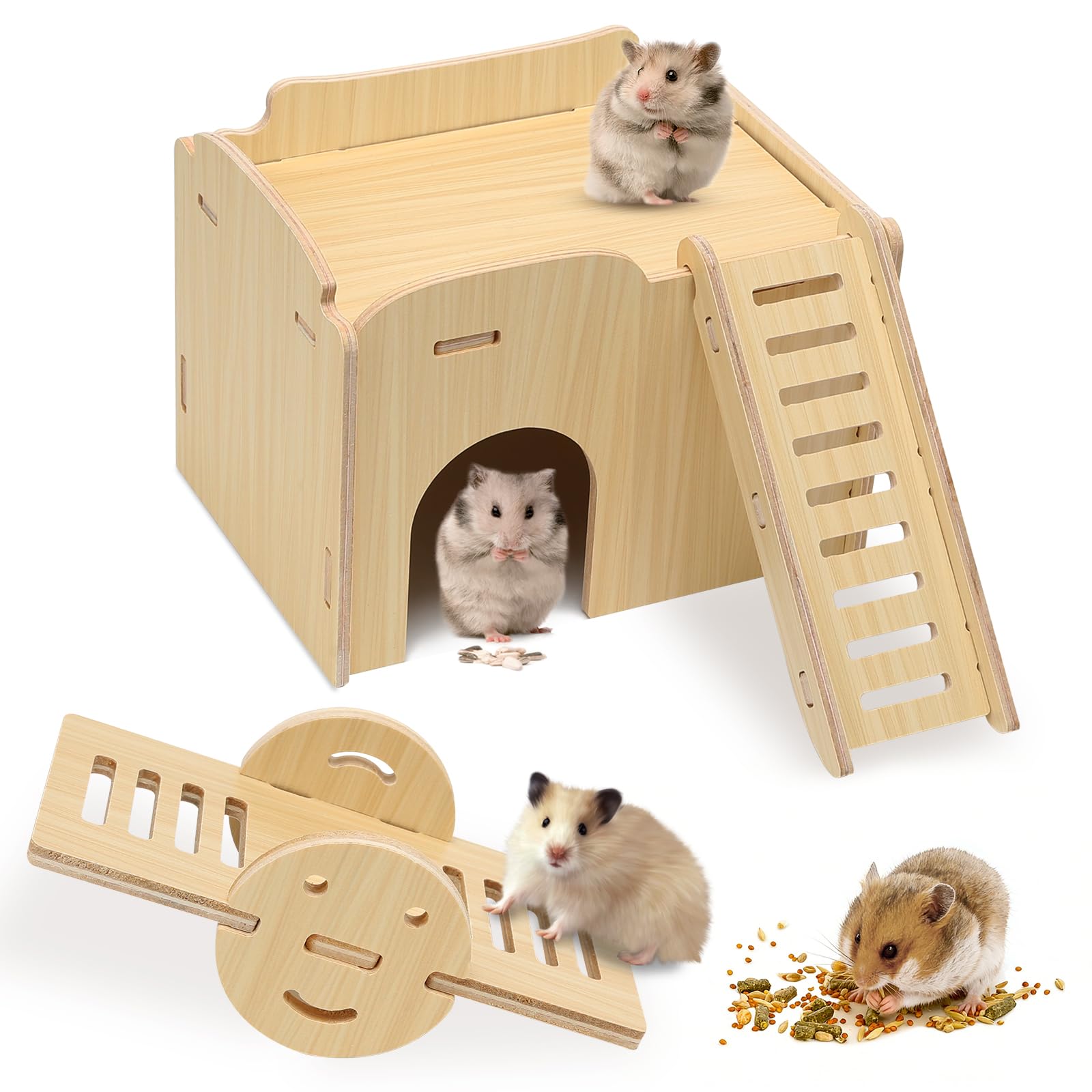 Wooden Hamster House, Hamster Hide with Platform and Seesaw, Small Animal House for Syrian Dwarf Hamsters, Gerbils Mice, Bed and Play Area, Cage Accessories
