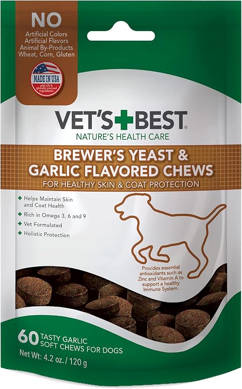 Vet's Best Brewer's Yeast & Garlic Skin & Coat Chews for Dogs, 60 Count | Brewer's Yeast, Garlic & Omega-3 Formula, Supports Healthy Skin & Coat, Veterinarian-Recommended Daily Dosage for Dogs