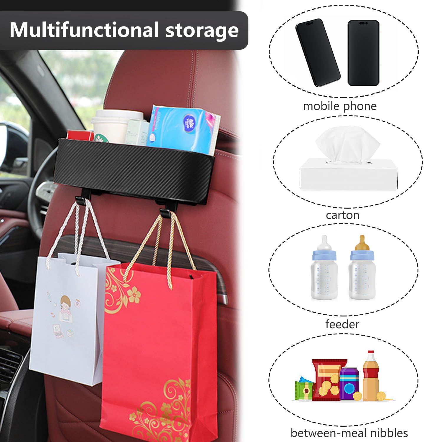 Organizzatore Sedili Posteriori Auto, Multifunzionale Organizer per Bambini e Adulti con Portabicchieri e Gancio per Poggiatesta, Accessori da Viaggio Autoveicoli (Nero)