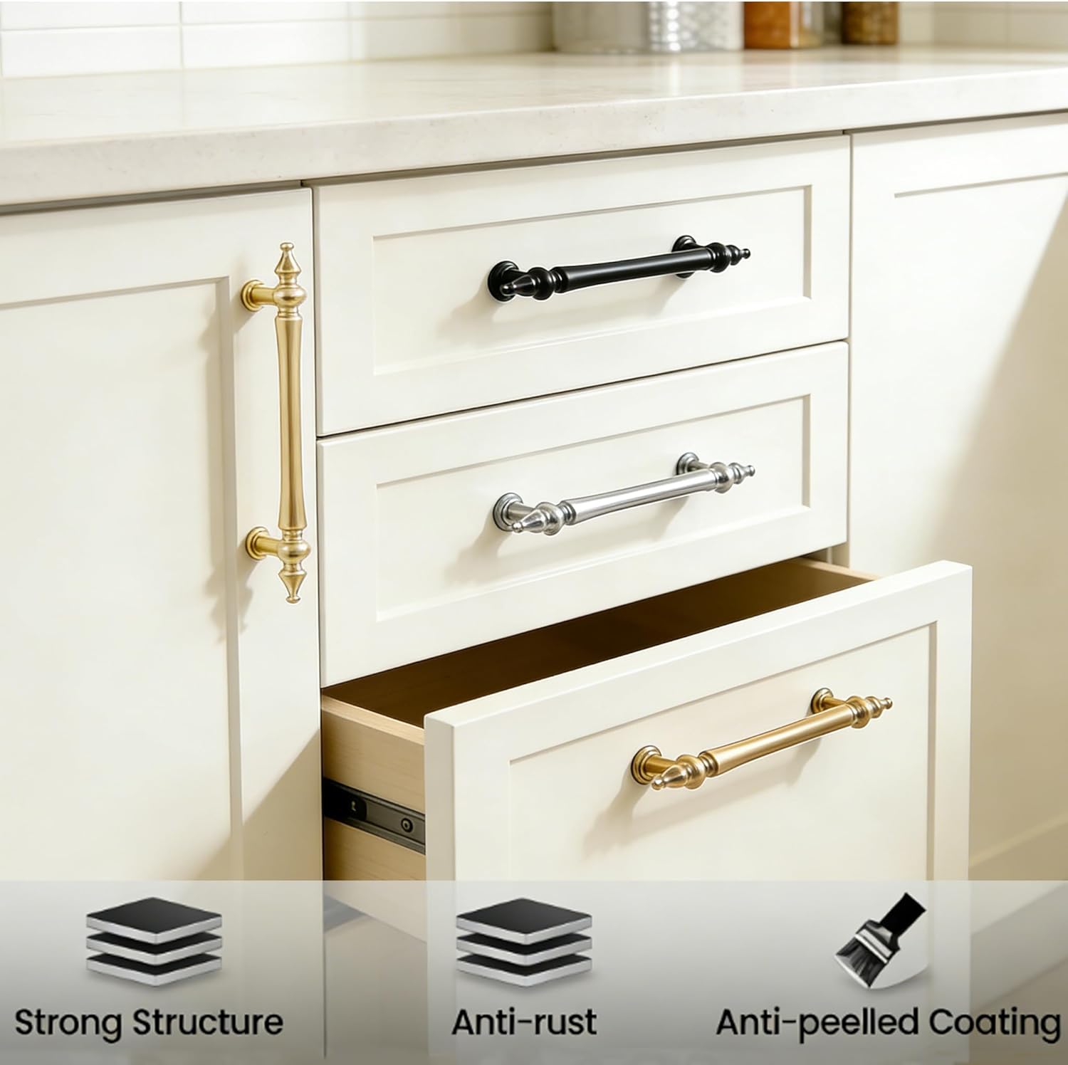 10 Pack| 5 Inch Hole Centers| Brushed Gold Cabinet Handles & Drawer Pulls - Elegant Pulls for Kitchen, Bathroom, Dresser, Cupboard, Closet Door (CF005)