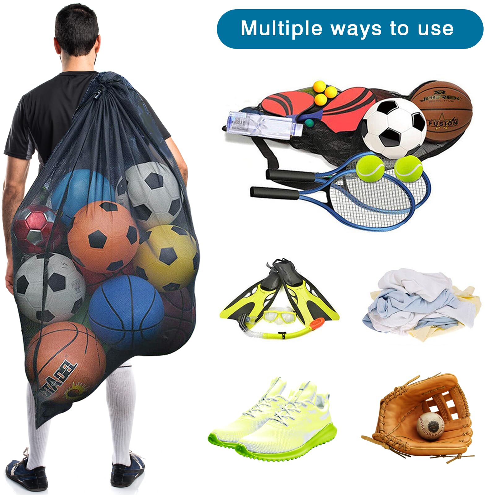 Scettar Borsa da Calcio in Rete, 101 * 76 CM Mesh Ball Bag Large con Coulisse e Tracolla, Rete Porta Palloni Portatile per Casa/Scuola/Ufficio/Palestra, Viene Fornito con 10 Birilli Gonfiabili