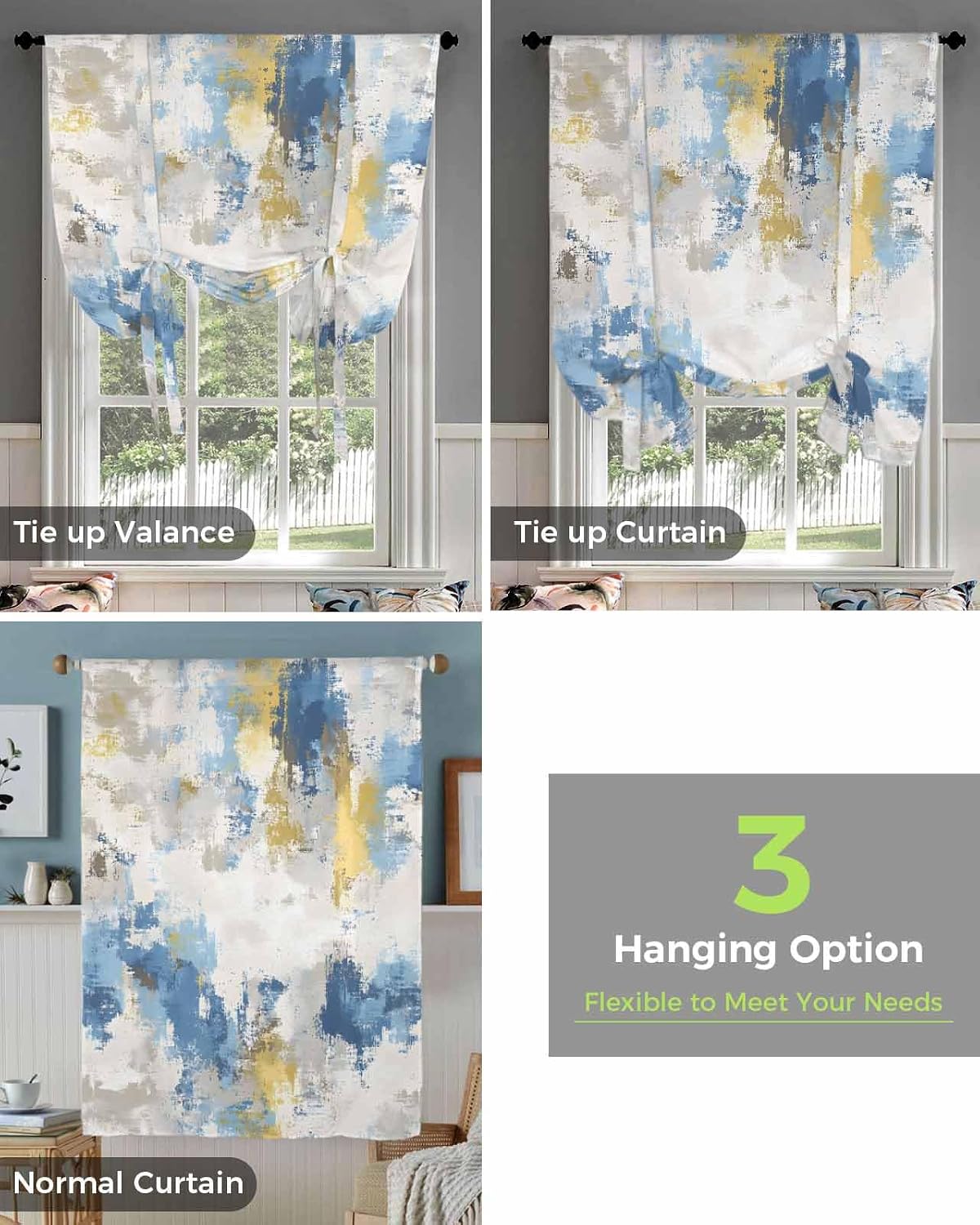 Blue Yellow Beige Tie Up Curtains for Windows 63 Inch Length Balloon Curtains Kitchen Adjustable Balloon Window Shade Retro Abstract Modern Art Painting Tie Up Valance Bathroom Curtain Window 46"x63"