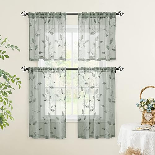 Miniatura 5 de HOMEIDEAS Cortinas transparentes de cocina verde salvia de 30 x 36 pulgadas de largo, 2 paneles bordados con patrón de hojas cortas para ventanas