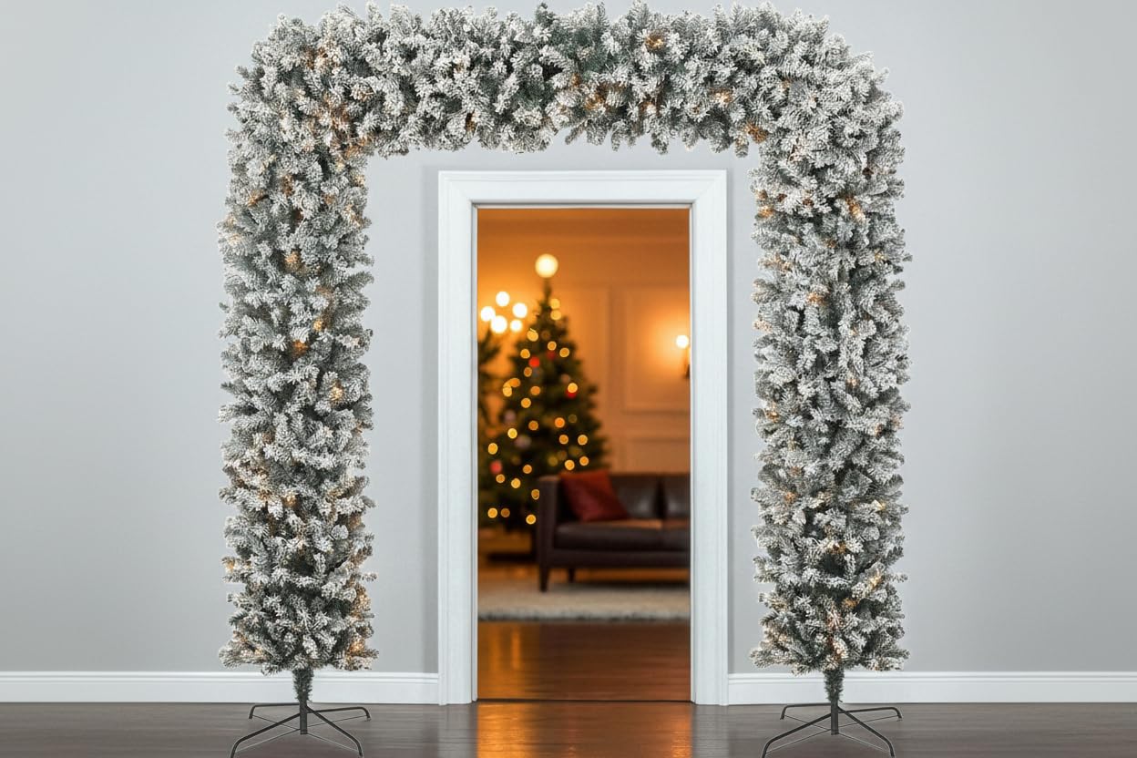 220cm Wide Double Christmas Door Arch - Snow Flocked - Warm White LED's