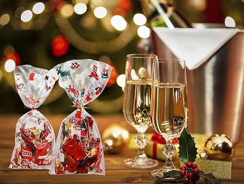 Miniatura 6 de FuraHa 150 bolsas de celofán de Navidad, bolsas de celofán de Navidad con lazos para dulces, galletas, golosinas, envoltura de regalo, suministros