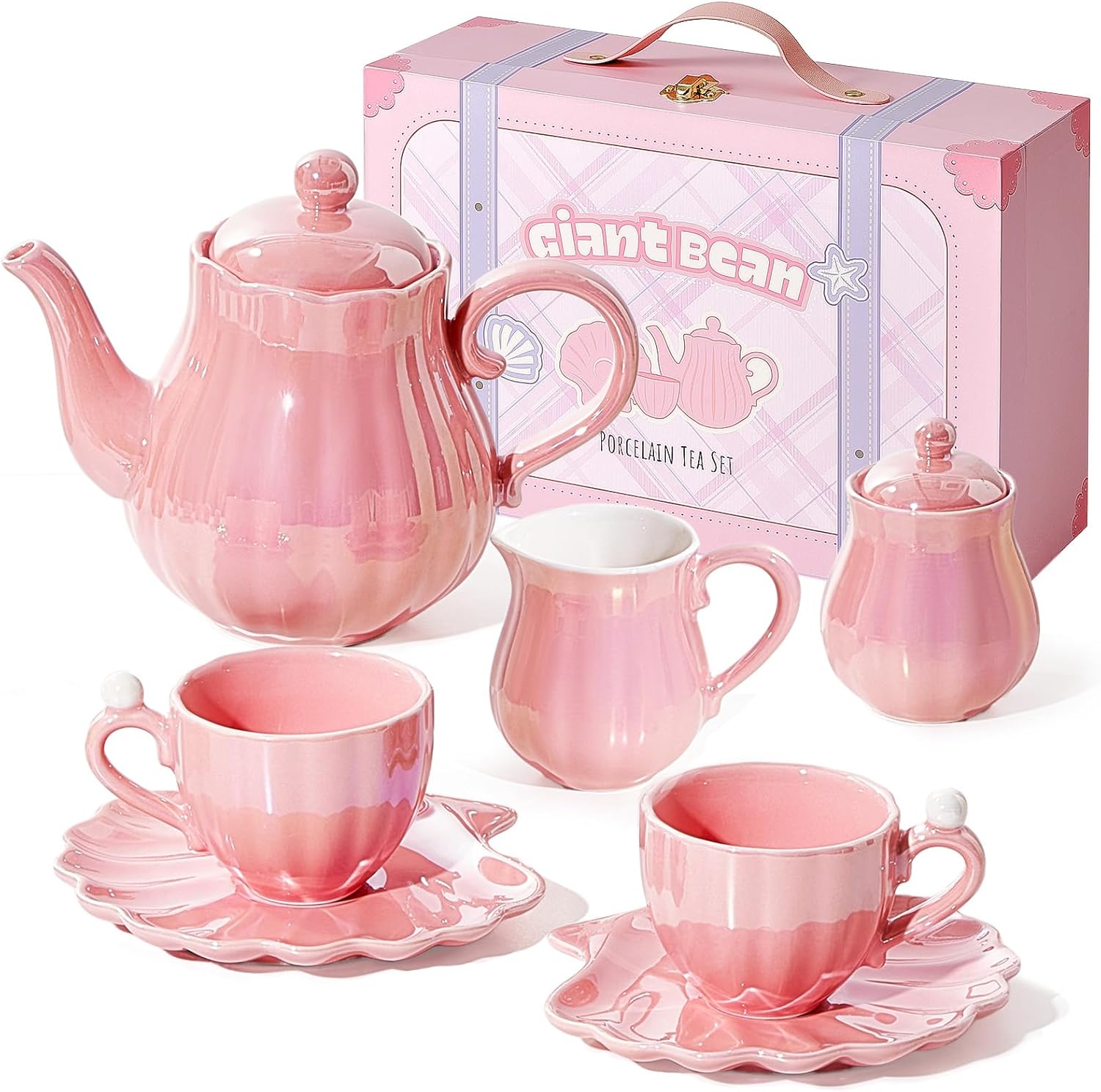 Giant bean Porcelain Tea Set, Pearl Pink Real Tea Party Set for Little Girls, British Royal Princess Series Teapot & Cup & Saucer & Sugar Bowl & Suitcase, for Little Kids Toddlers