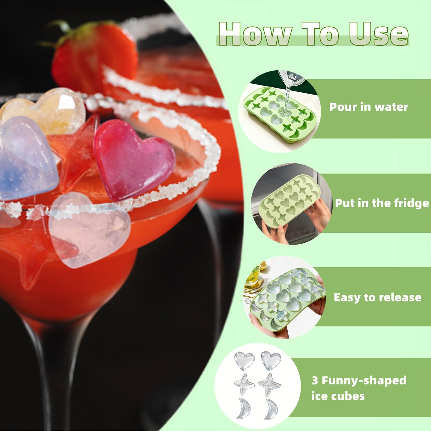 Fun Ice Cube Tray - Makes 18 Pieces (6 Hearts, 6 Stars, 6 Moons)