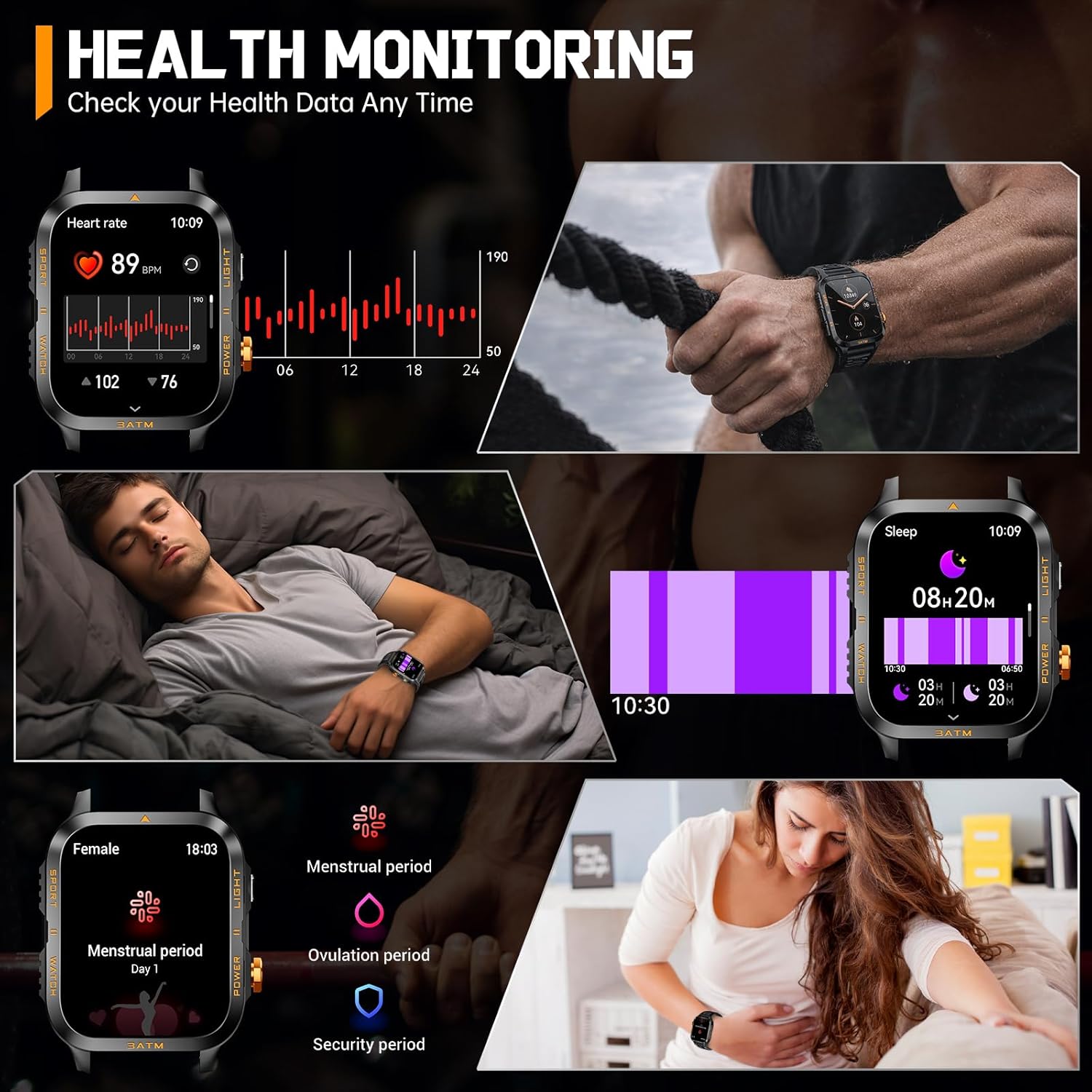 Military Smart Watches for Men (Answer/Make Calls) with Powerful Flashlight 1.96" HD, Outdoor Tactical Smartwatch with Big Battery 880mAh Sport Modes Health Monitor 3ATM for iPhone/Android - Image 8