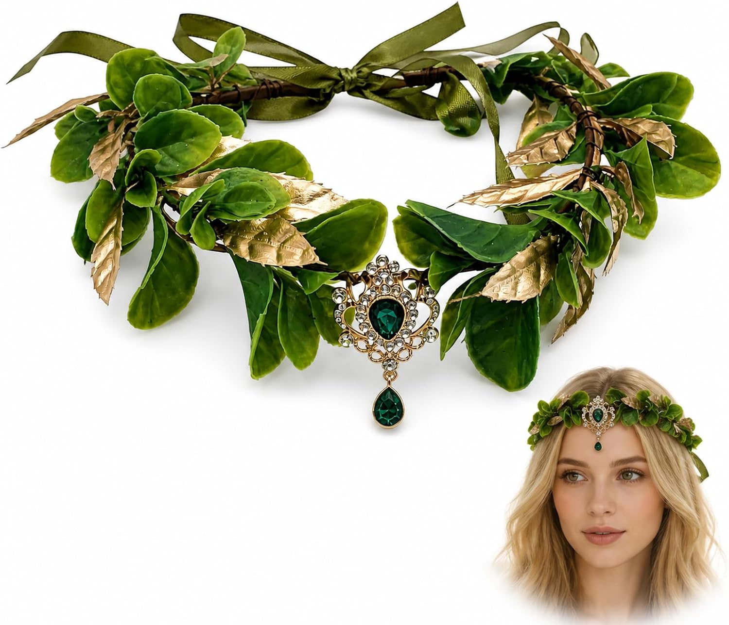 Woodland Leaf Circlet with Imitation Emerald Rhinestone Accent, Adjustable Elf Floral Head Wreath for Halloween Cosplay, Wedding, Renaissance Festival & Maternity Photoshoot