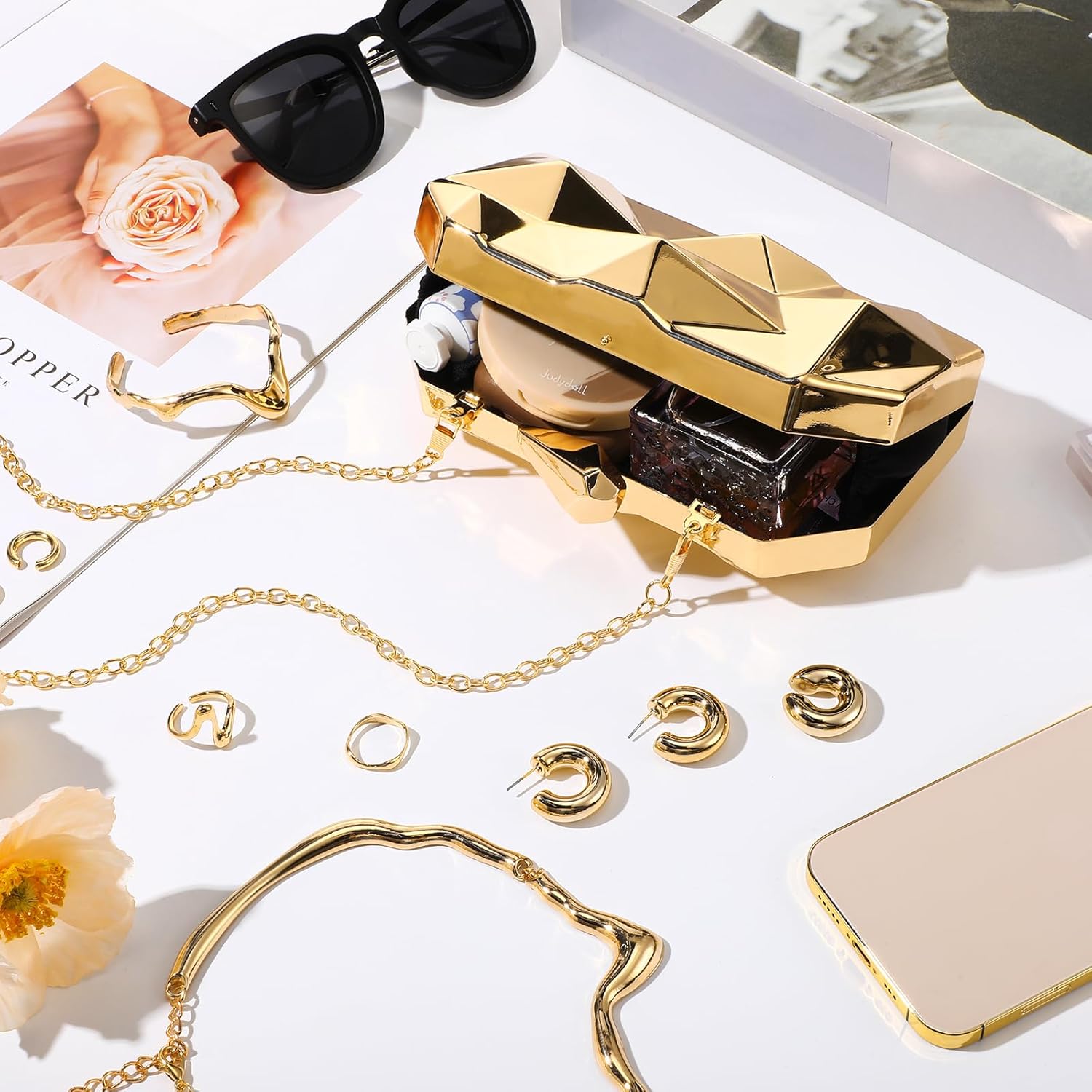 Jadive 8 Pcs Clutch Purse for Women Evening Prom Metallic Handbag Earrings Necklace Rings for Wedding Jewelry Set - Image 5