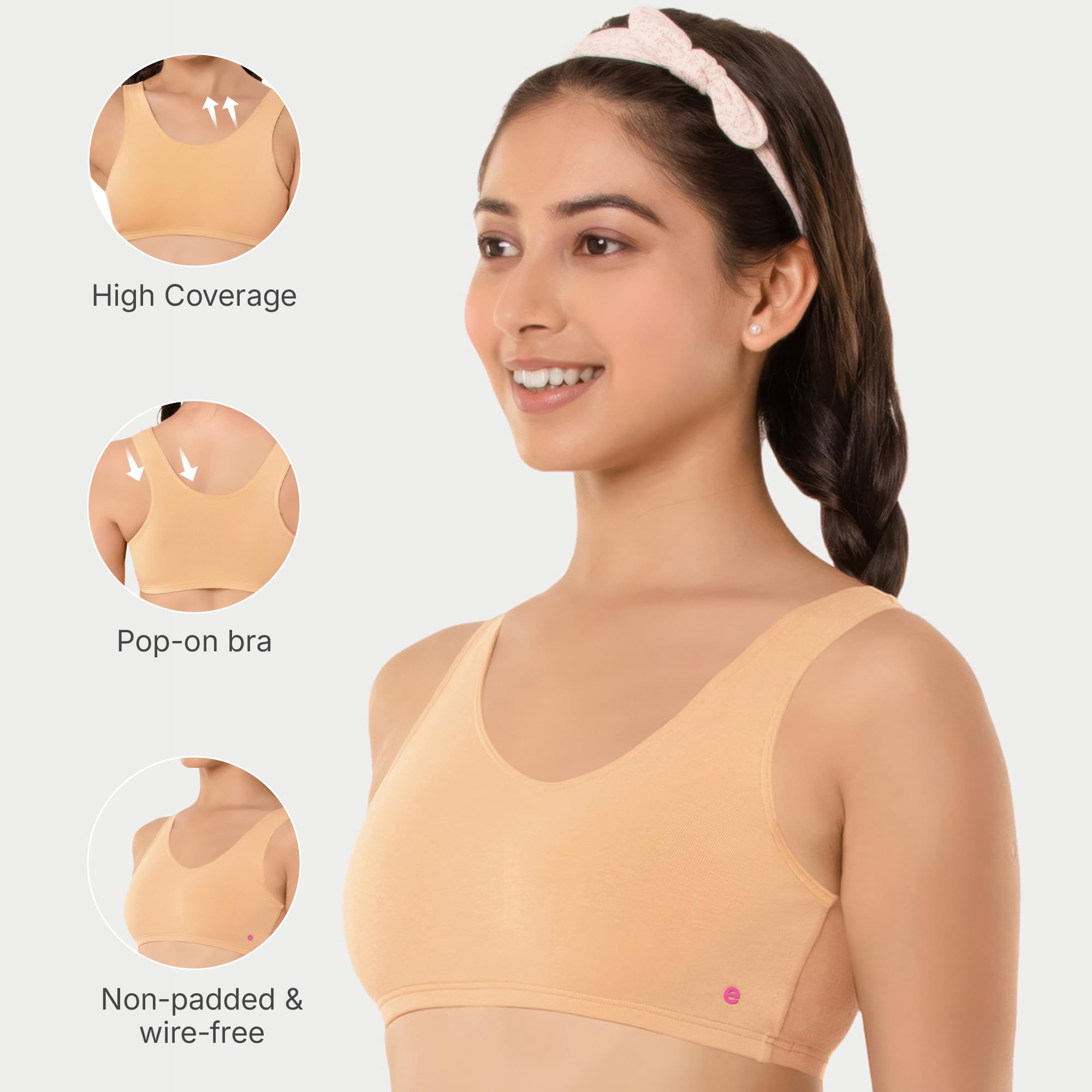 Enamor Women's Wide Strap Stretch Cotton Non-Padded Antimicrobial Beginners Pop-on Wireless Teenager Bra Full Coverage Bra - BB01(BB01-Skin-M) - Image 3 thumbnail