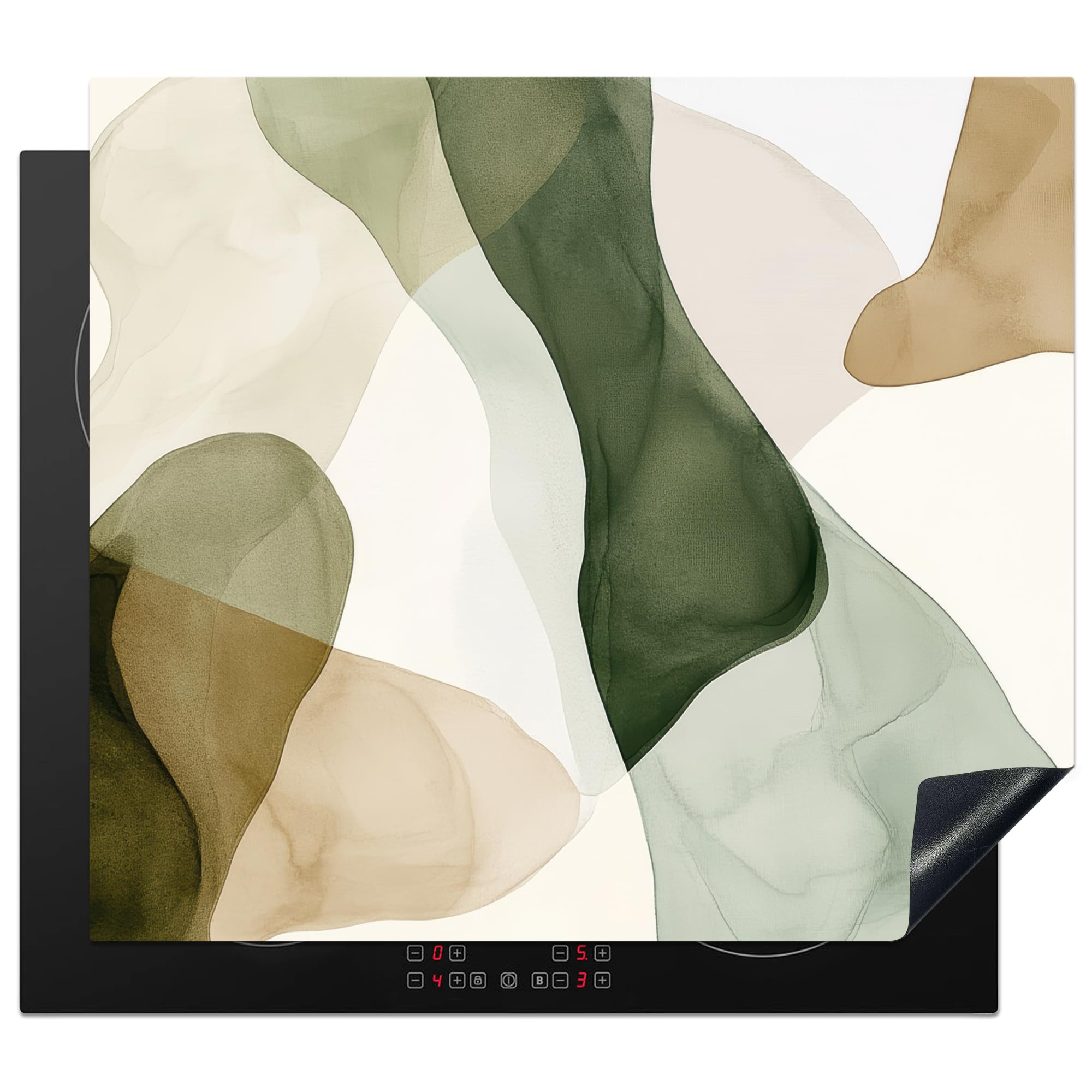 KitchenYeah© Induction Hob Protector Mat 20.2"x22.9" / 58.3x51.3 cm Stove Cap Top Cover Kitchen Cooker Covers for Electric Hobs Vinyl Japandi - Abstract - Green