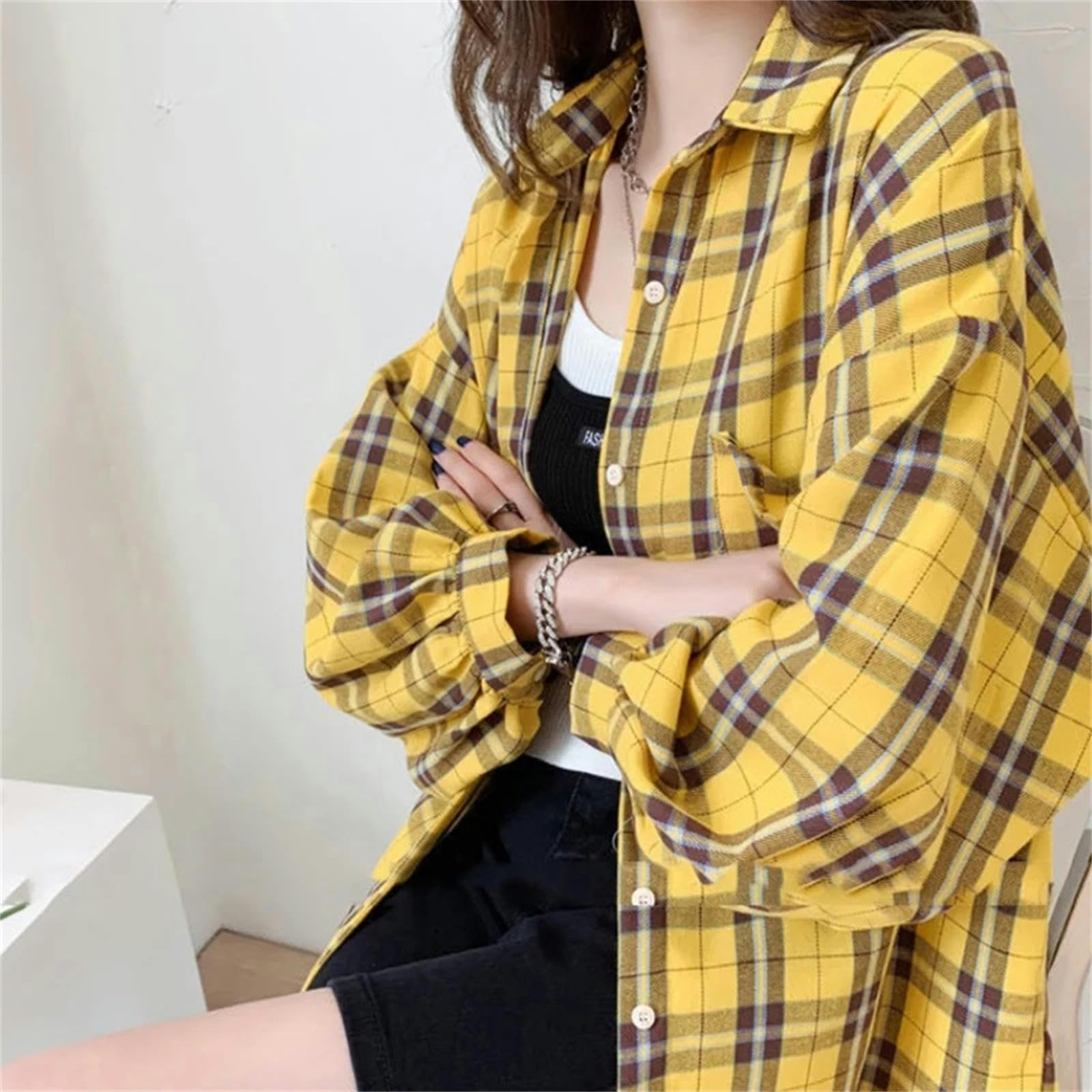 Camicia Camicie A Quadri Donne in Moda Top Oversize Top Giornaliere A Maniche Lunghe A Tutta Partita Camicette