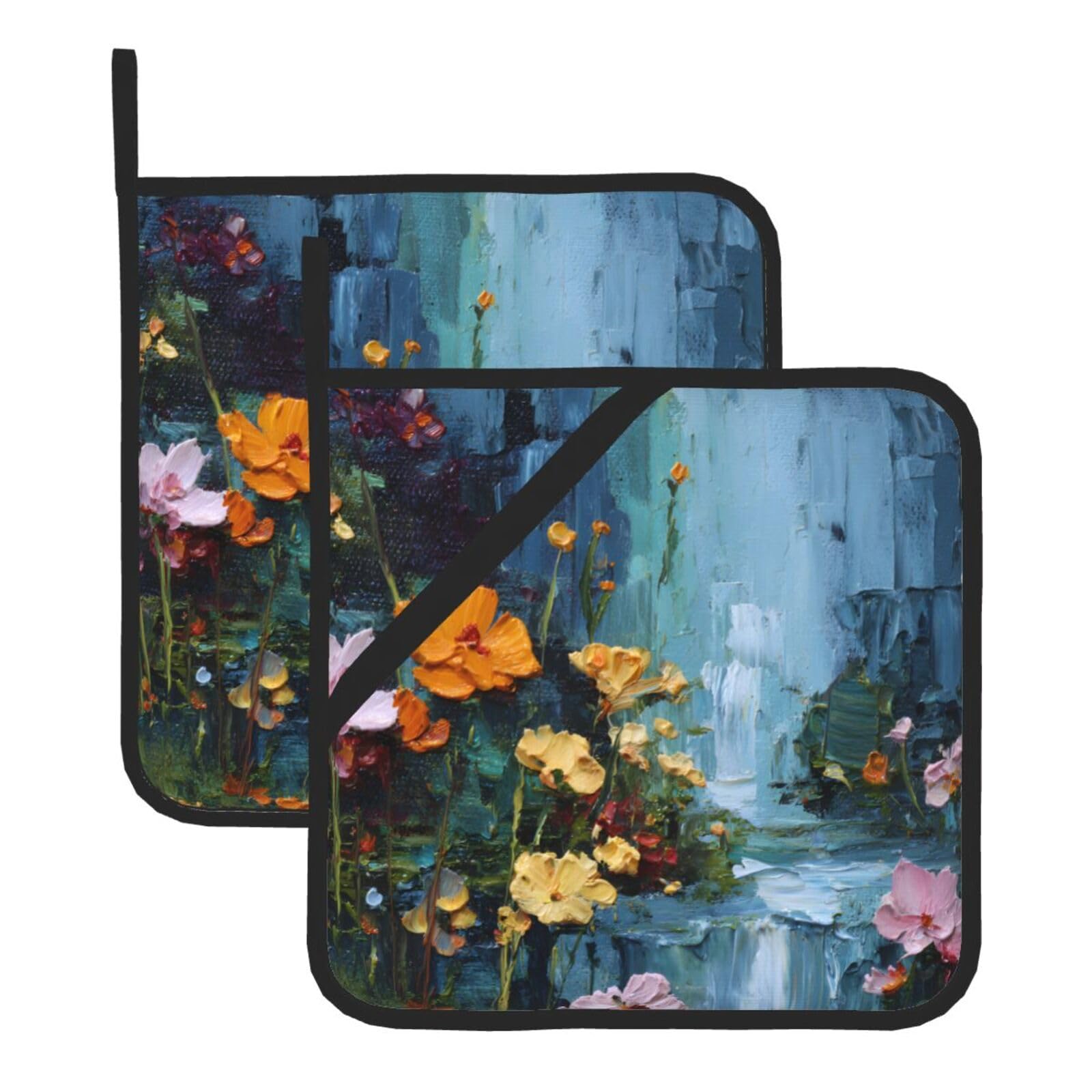 (Flowers Bloomed) Oven Hot Pads Set of 2 Heat Resistant Pot Holders for Kitchen Cooking Baking BBQ