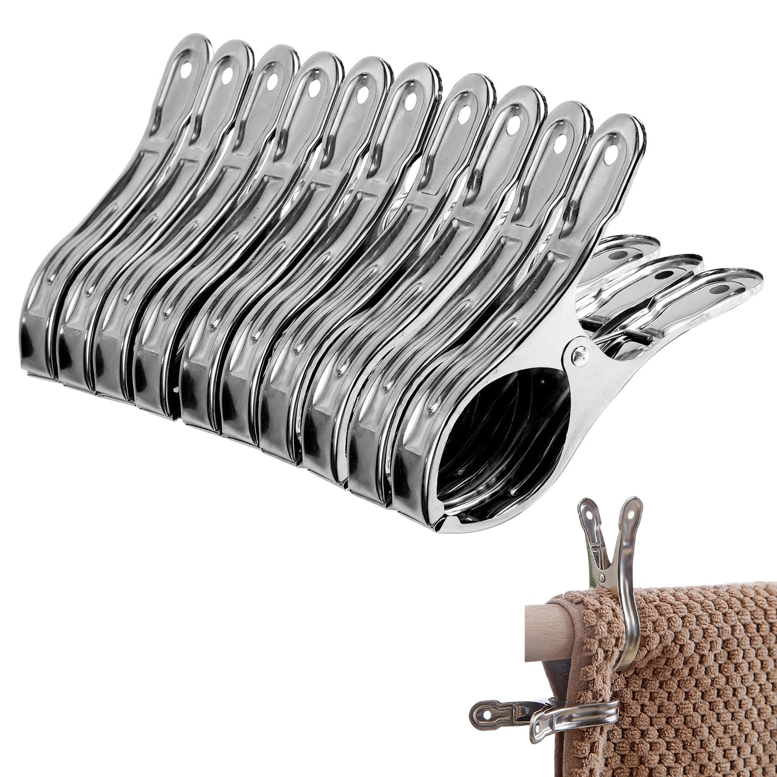Lot 10 Pinces à Linge Serviettes Acier Inoxydable – Gros Clips Anti-Vent Robustes Pour Plage, Jardin, Vêtements & Rideaux