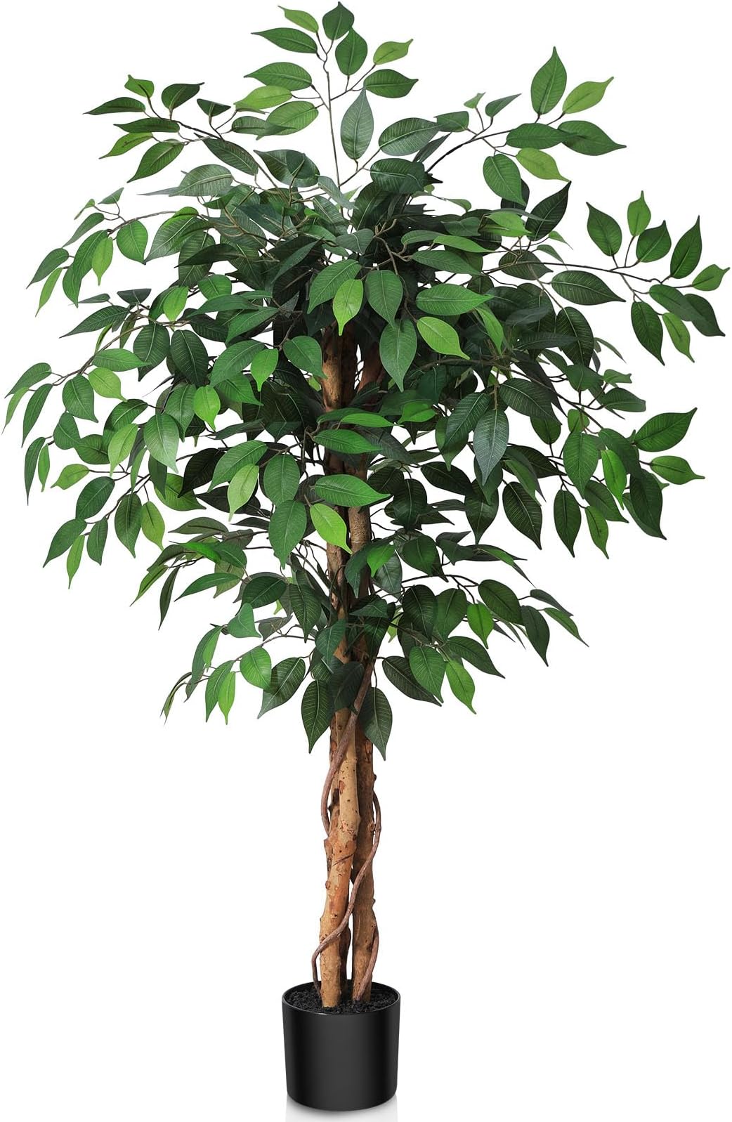 SOGUYI4ft Artificial Ficus Tree with Natural Wood Trunk, Silk Fake Ficus Tree in Plastic Nursery Pot, Faux Plant for Office Home, Indoor Outdoor Decor, 1 Pack