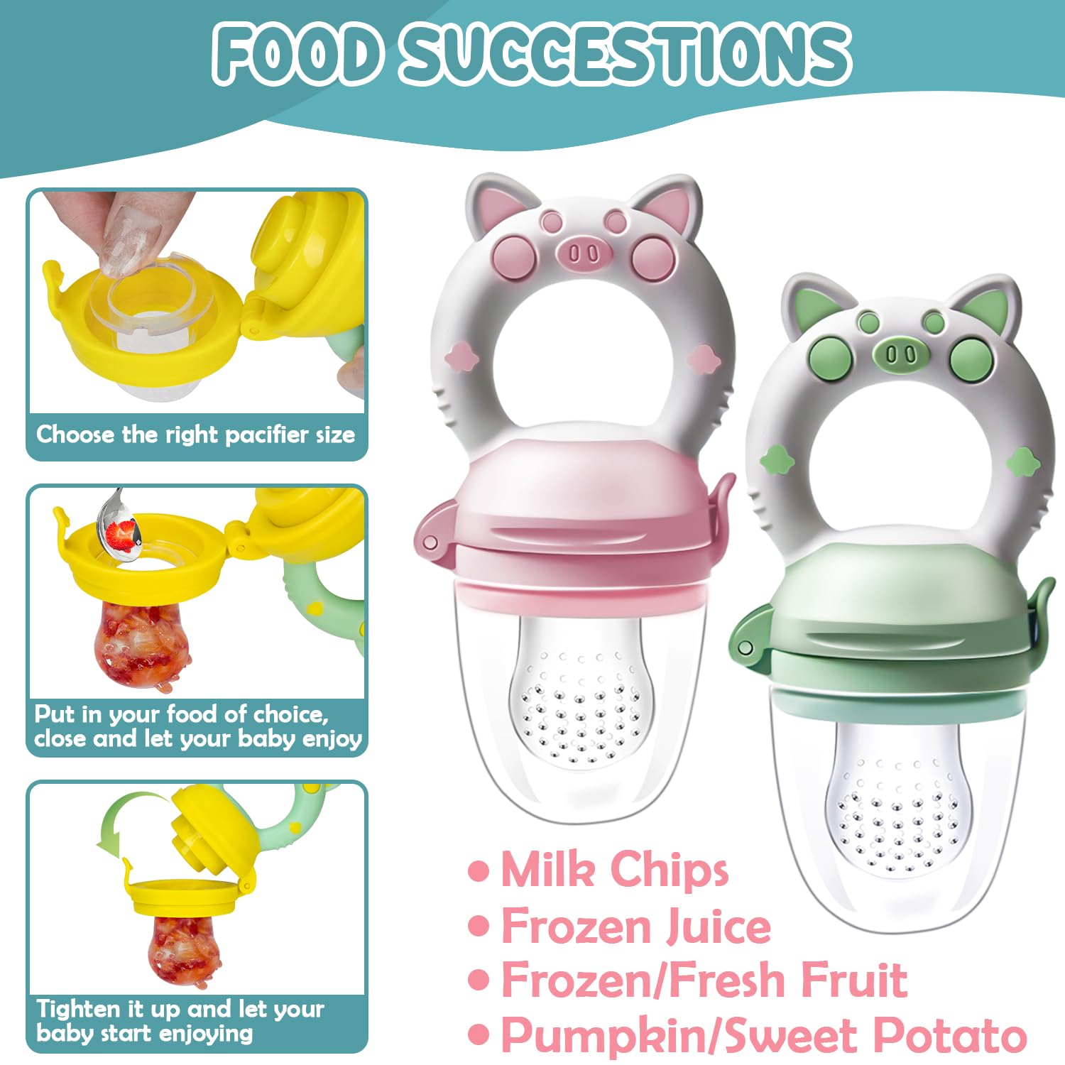 Kaiyingxin® Ciuccio frutta Baby da riempire, 2 pezzi, per bambini dai 3 mesi in su, versione aggiornata 2022, tettarella larga, senza BPA