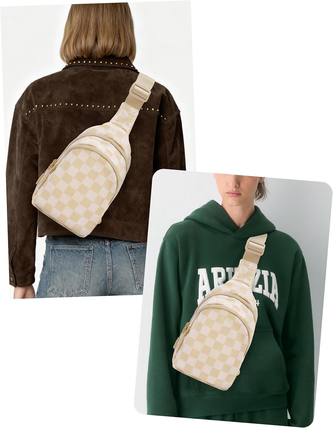 Checkered Sling Bag for Women, Water Resistant Nylon Crossbody Chest Bags with Adjustable Shoulder Strap for Travel Hiking,Milk Tea - Image 2