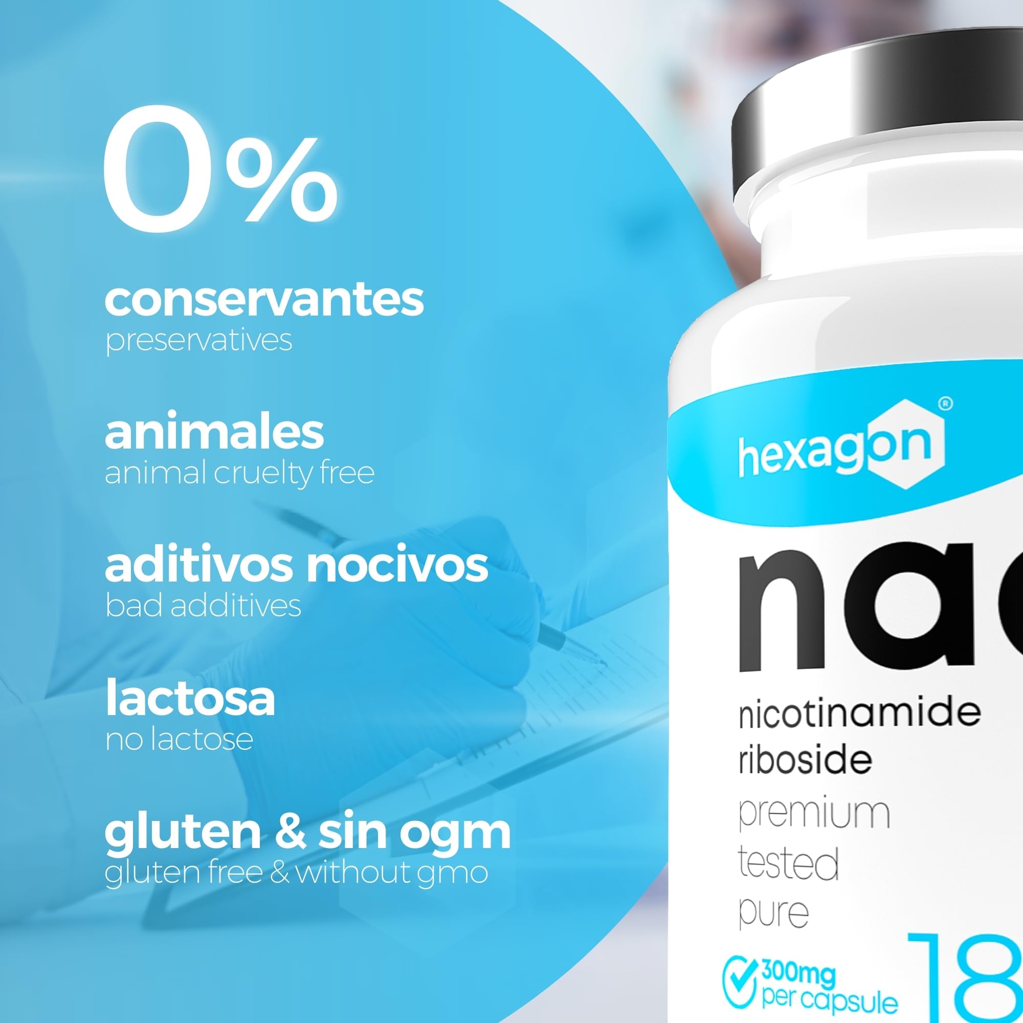 NAD+ Nicotinamide Riboside Chloride 300mg - +6 Meses de Cura - Contra la Edad y la Fatiga, NAD Booster - Polvo Puro, 180 Cápsulas - Grado Farmacéutico - Vegano - Hexagon