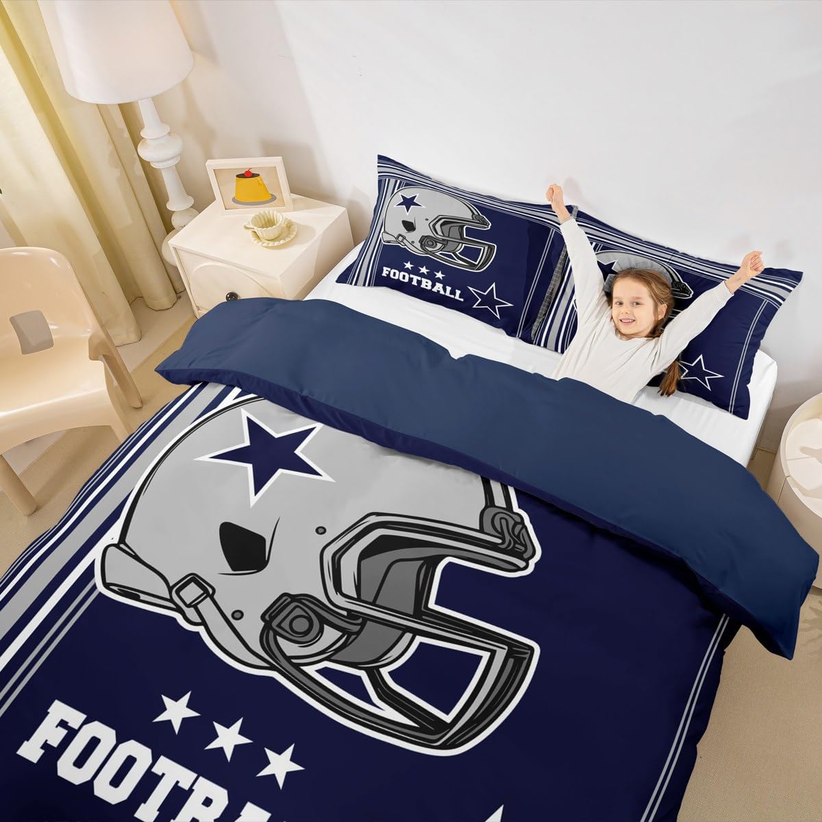 American Football Duvet Cover Set King Size,Western Texas Star Cowboy Football Sports Bedding Set,Boys Men Room Decor,Rugby Helmet Geometric Stripes Comforter Cover,Blue Quilt Cover,2 Pillowcases