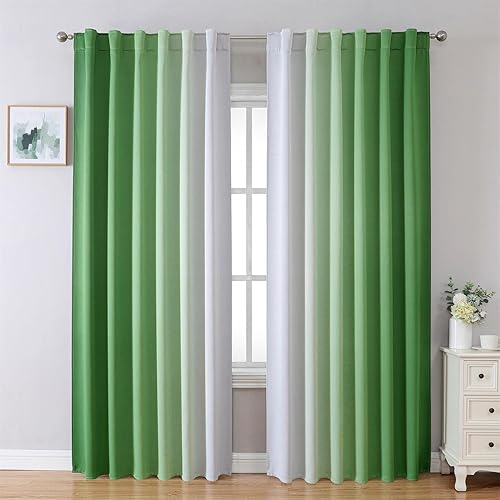 MIUCO Cortinas opacas y cortinas para dormitorio, sala de estar, 95 pulgadas de largo, color verde y blanco, cortinas de oscurecimiento de