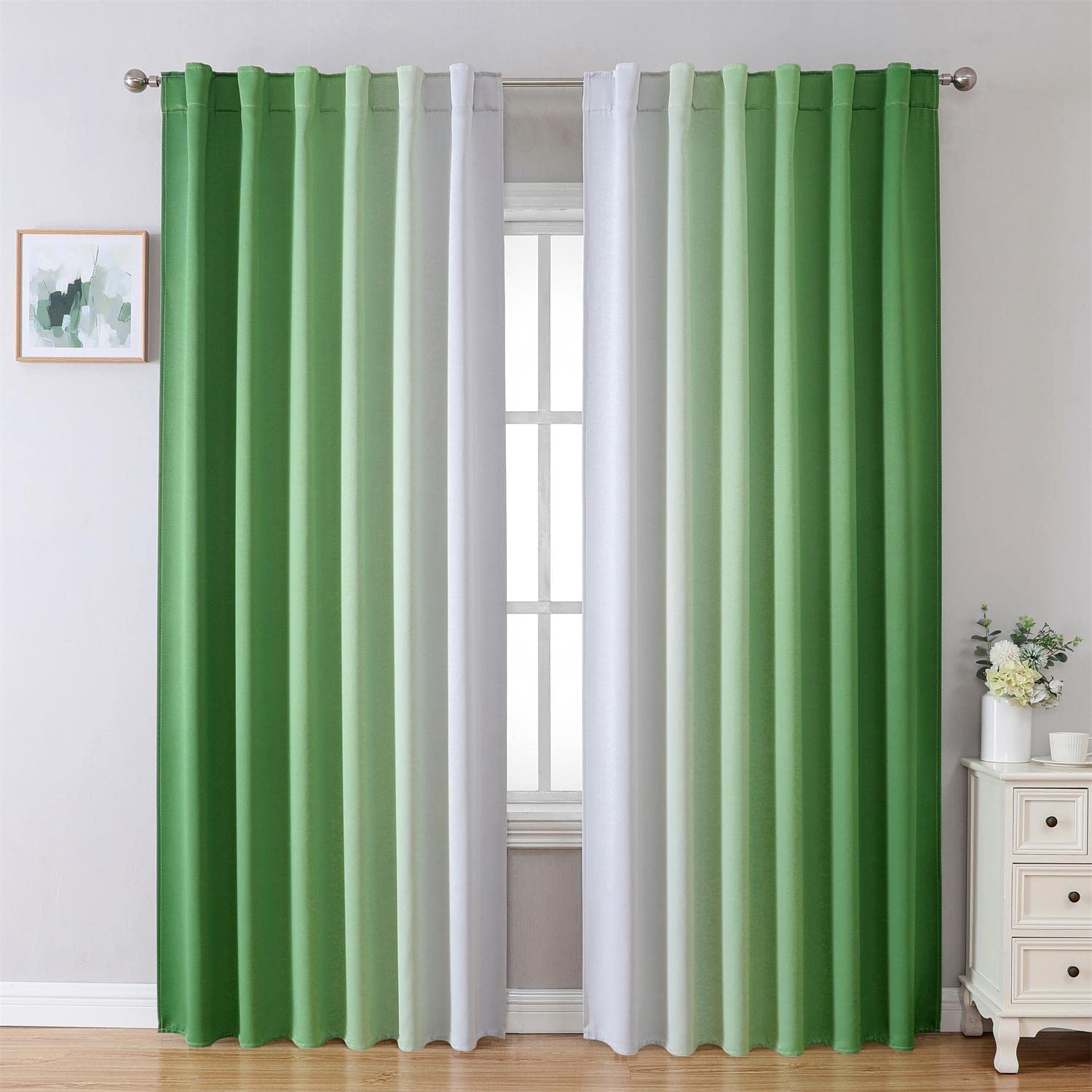 MIUCO Blackout Curtains &amp; Drapes for Bedroom Living Room 84 Inches Long Green and White Room Darkening Ombre Curtains Rod Pocket &amp; Back Tab Curtains Thermal Insulated Light Blocking 2 Panels Set