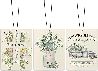 Farmhouse Eucalyptus Floral Car Air Freshener, Rustic Truck Farmers Market Religious Air Freshener Hanging 3 Pcs for Cars Closet Drawer or Books, Cute Green Car Accessories Mirror Decor for Women