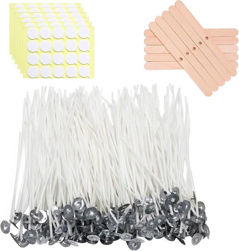 6 Inch 120Pcs Pre Waxed Cotton Candle Wick for Candle Making | 120 Candle Stickers, 10Pcs Wick Holders for Home, Soy Wax, Crafts, Gift Making