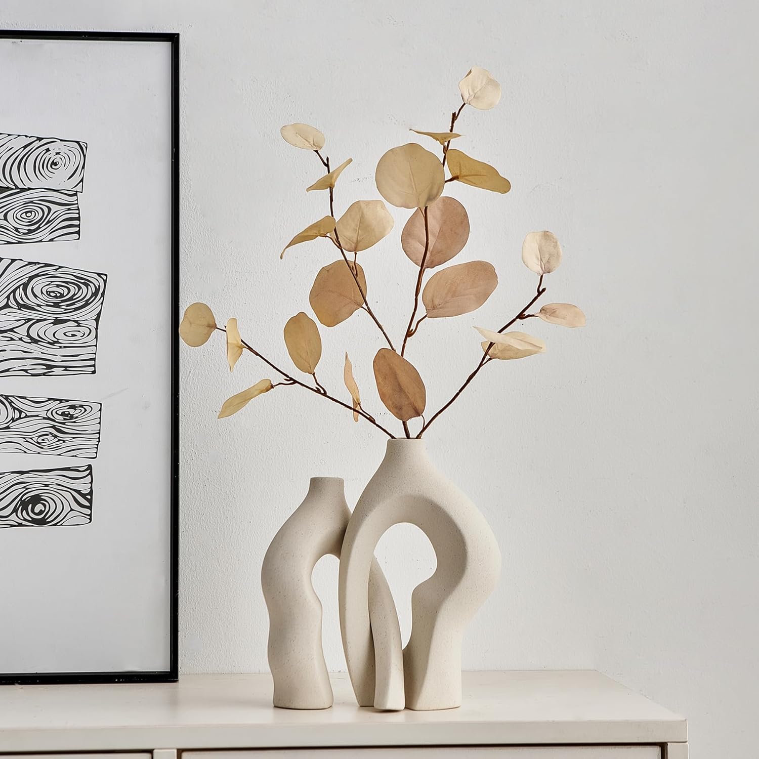 AWNR White Ceramic Decor: Modern Decorative Vase Set of 2 for Home Decor Boho Donut Vase for Pampas Grass Neutral Minimalist Centerpiece Wedding Decoration