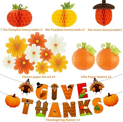 Miniatura 2 de Decoraciones de fiesta de Acción de Gracias, pancarta de agradecimiento, faroles de papel, calabazas de panal, abanicos de papel de bellota de