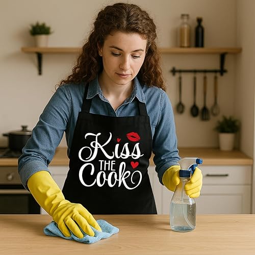 Miniatura 6 de Kiss the Cook, divertidos delantales de cocina con bolsillos para mujeres, madres y amigas. Delantales de cocina para hornear con 2 bolsillos, para
