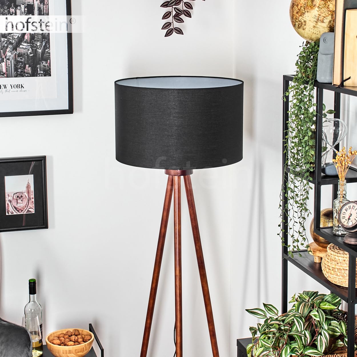 Stehleuchte Flemming, Stehlampe aus Holz/Stoff in Dunkelbraun/Schwarz/Weiß, Leuchte im skandinavischen Design mit rundem Schirm (Ø 50 cm) u. Fußschalter, Höhe 155 cm, 1 x E27, ohne Leuchtmittel