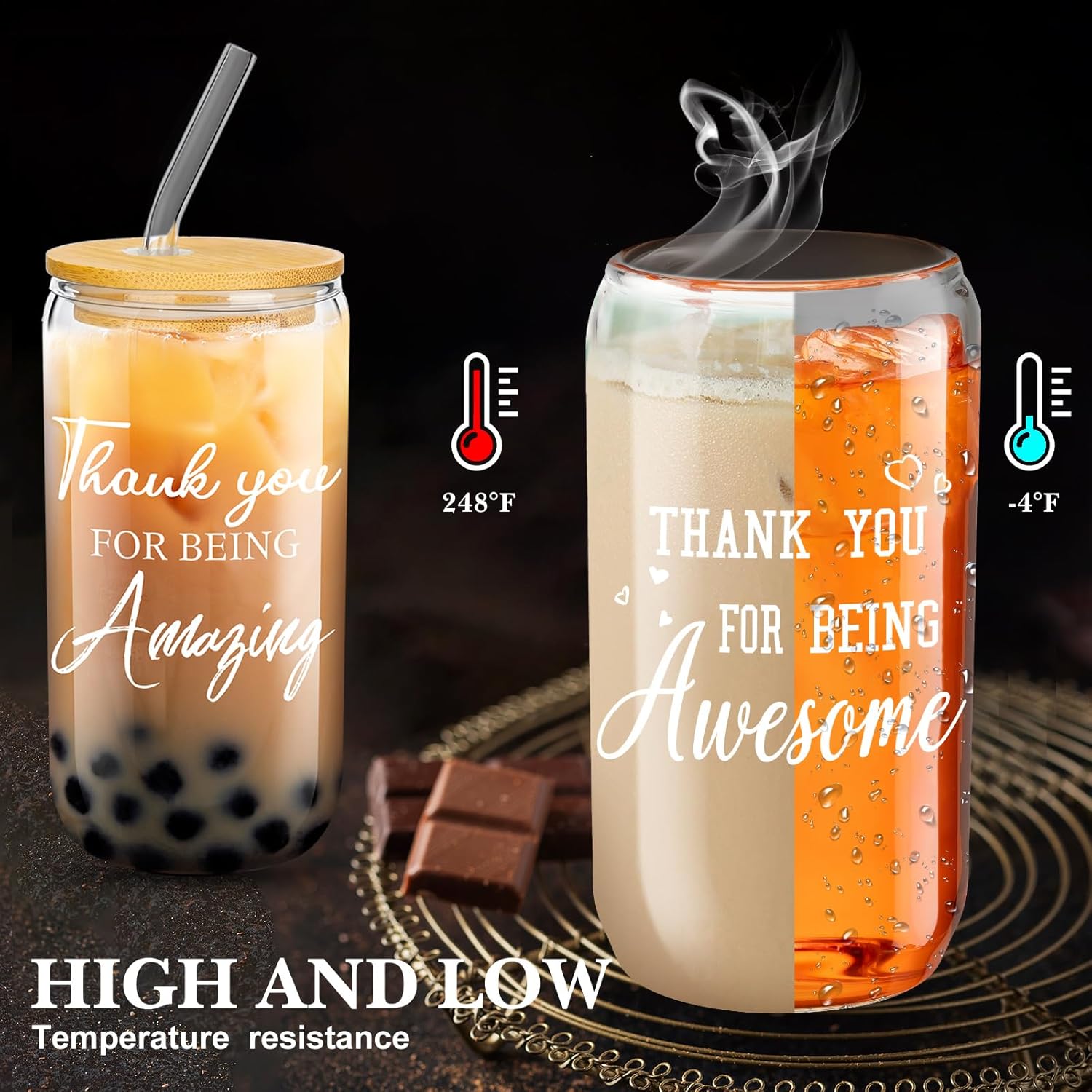 6 Set Employee Appreciation Gifts Glass Cups Bulk Thank You Gifts for Team Coworkers Staff Teachers and Nurses 16 oz Can Shaped Glass Cups with Bamboo Lids and Straws(Elegant Style)